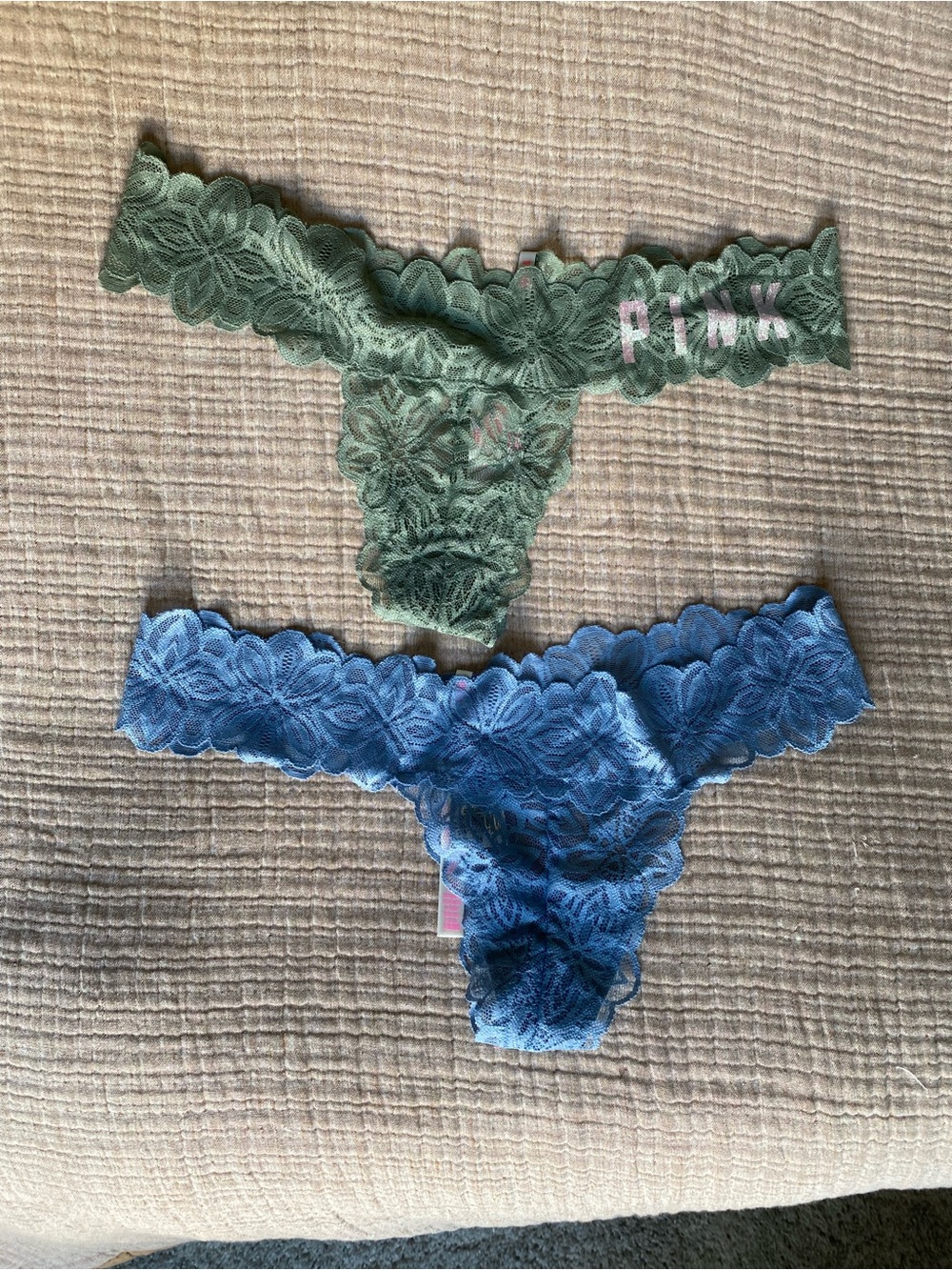 PINK Victoria's Secret Lace Thongs in Sage Green and Light Blue - NWT